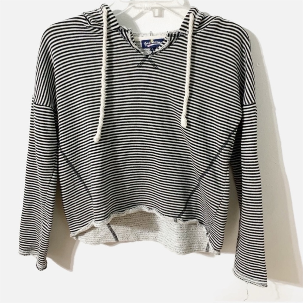 Freshman 1996 Cropped Striped Hooded Sweatshirt Drawstring Exposed Seams 🖤🤍